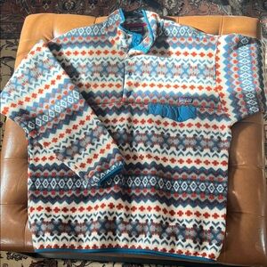 Patagonia Men's Blue and Red Patterned Snap-Up Synchilla Sweater